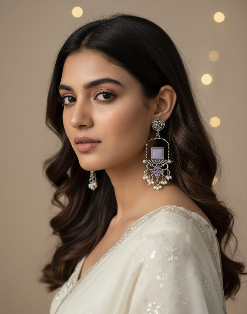 Vintage Silver-Plated Lavender Stone Statement Dangler Earrings