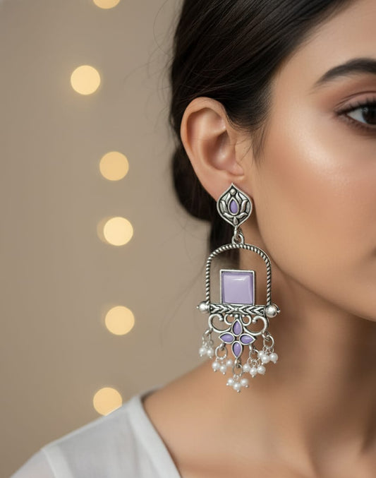 Vintage Silver-Plated Lavender Stone Statement Dangler Earrings