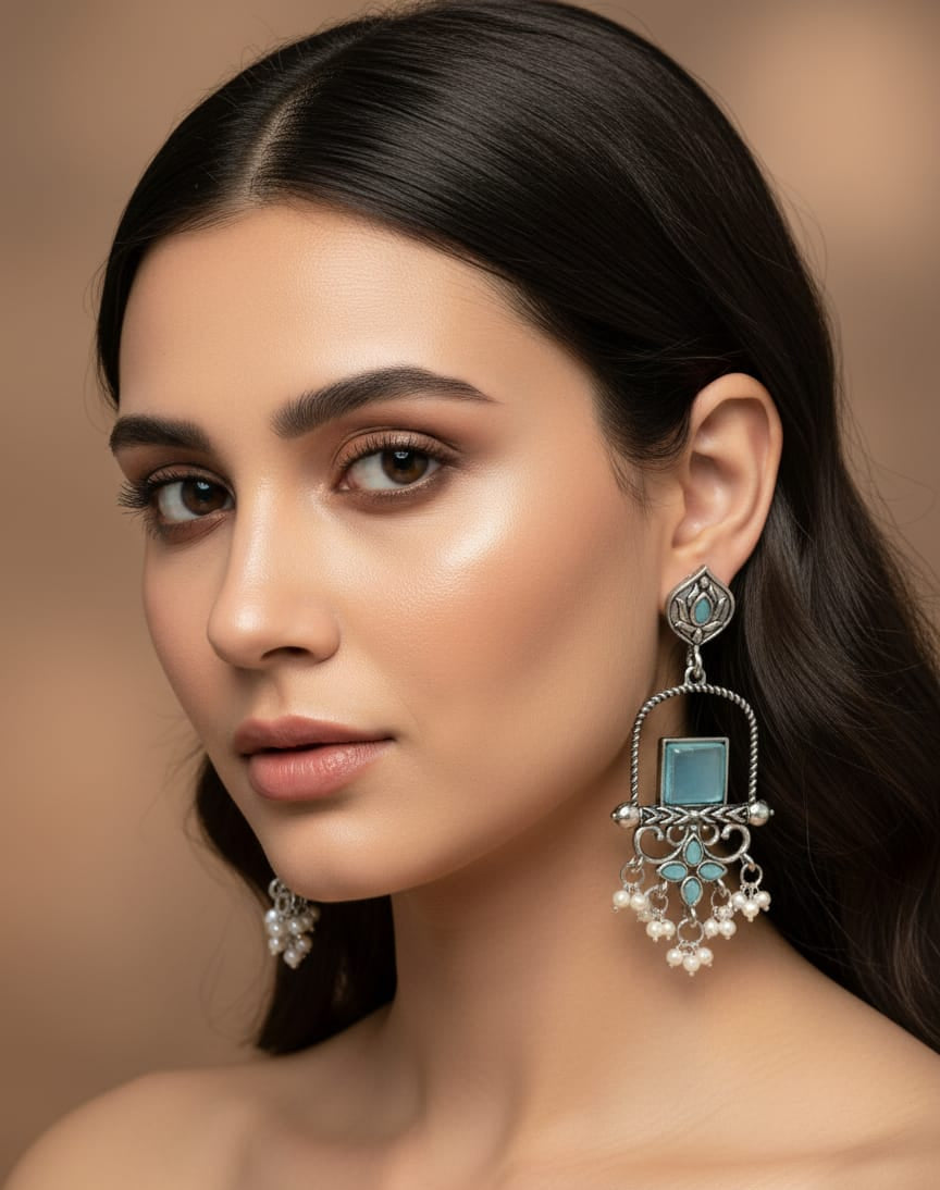 Vintage Silver-Plated Turquoise Blue Stone Statement Dangler Earrings