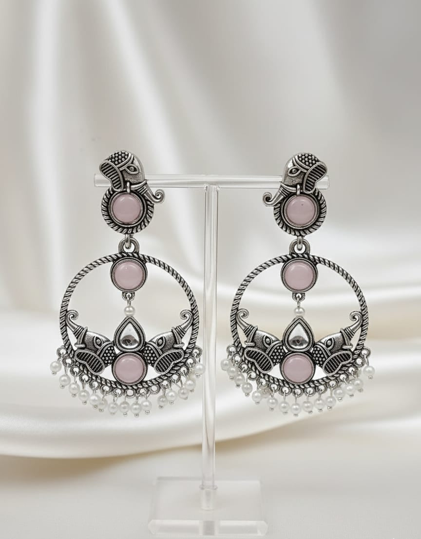 Antique Silver Oxidized Earrings with Pink Stone & Pearl Drops