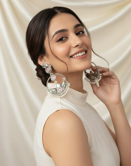 Antique Silver Oxidized Earrings with Pink Stone & Pearl Drops