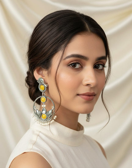 Antique Silver Oxidized Earrings with Yellow Stone & Pearl Drops