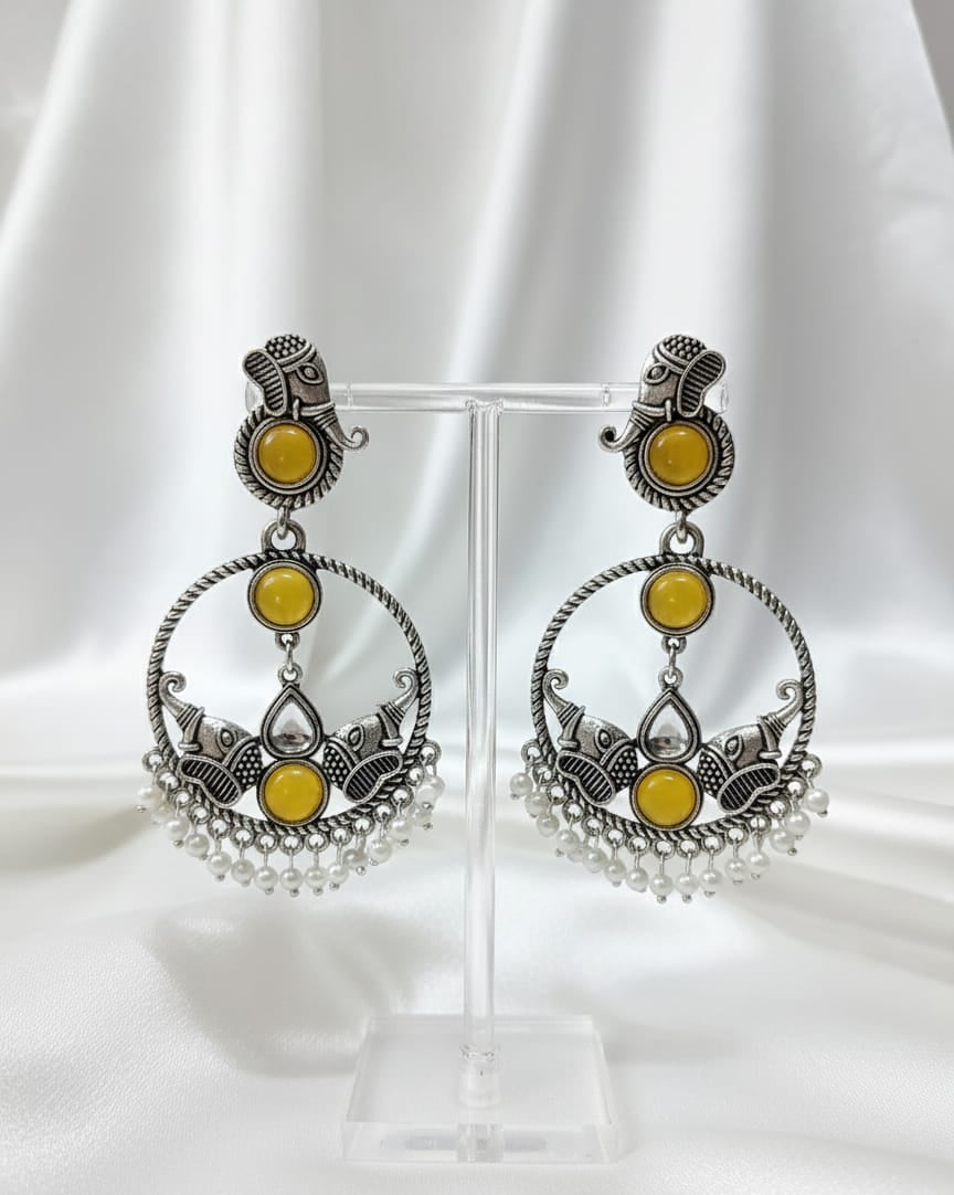 Antique Silver Oxidized Earrings with Yellow Stone & Pearl Drops