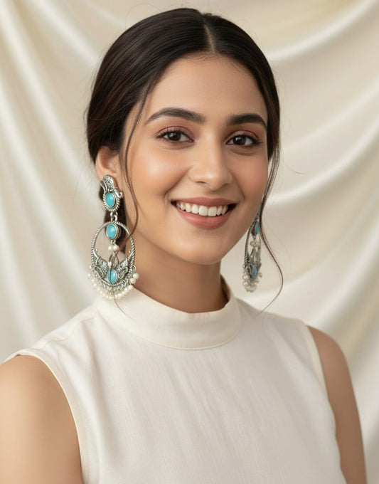 Antique Silver Oxidized Earrings with Turquoise Blue & Pearl Drops