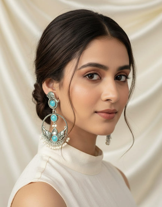 Antique Silver Oxidized Earrings with Turquoise Blue & Pearl Drops