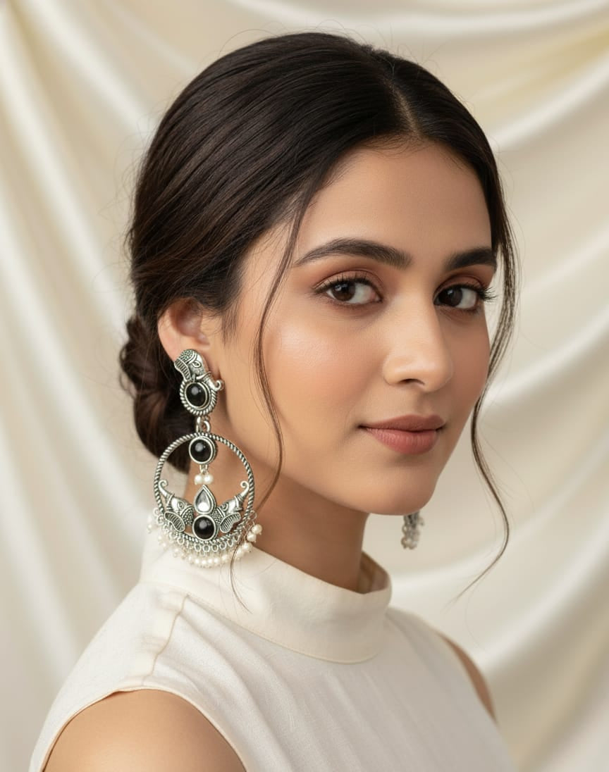 Antique Silver Oxidized Earrings with Black Stone & Pearl Drops