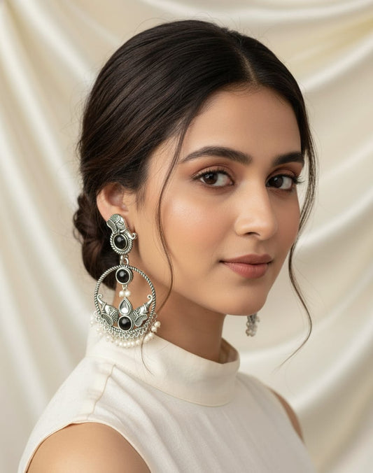 Antique Silver Oxidized Earrings with Black Stone & Pearl Drops