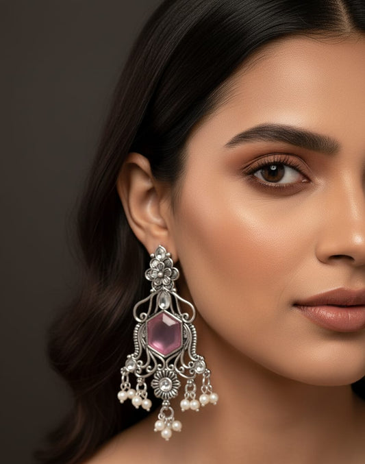 Antique Silver-Plated Pink Stone Floral Statement Dangler Earrings
