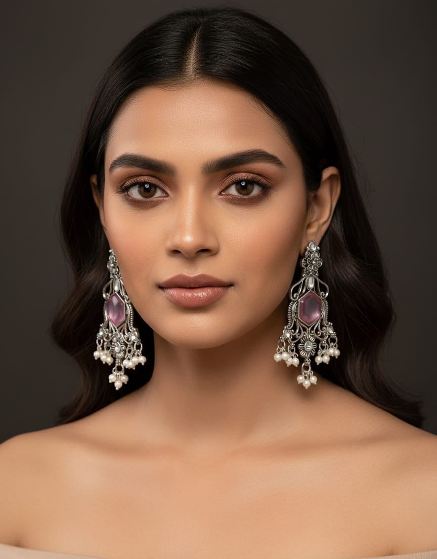 Antique Silver-Plated Pink Stone Floral Statement Dangler Earrings