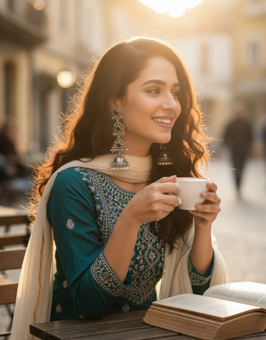 Antique Silver-Plated Black Stone Long Jhumka Statement Earrings
