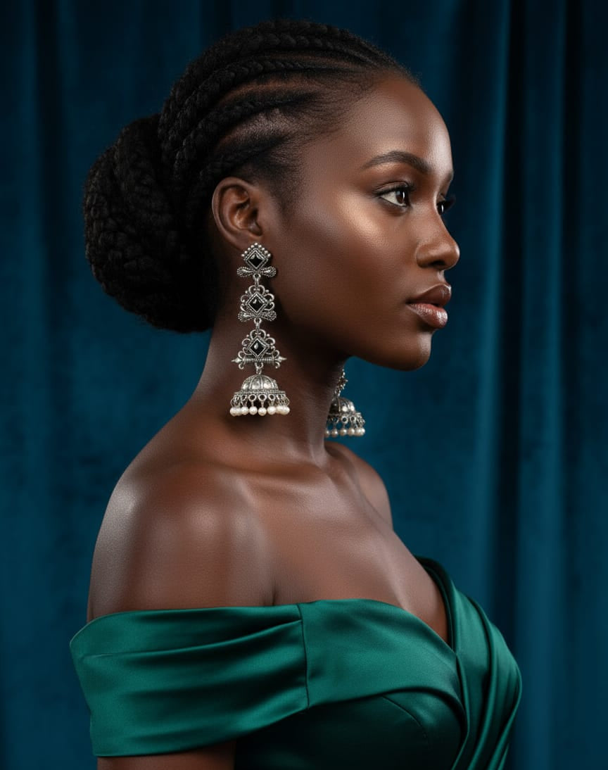 Antique Silver-Plated Black Stone Long Jhumka Statement Earrings