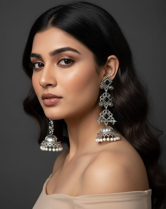 Antique Silver-Plated Black Stone Long Jhumka Statement Earrings