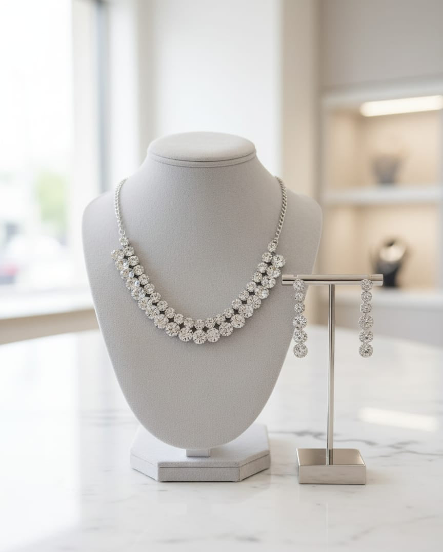 Luxury Silver-Toned Crystal Choker Necklace & Earrings Set