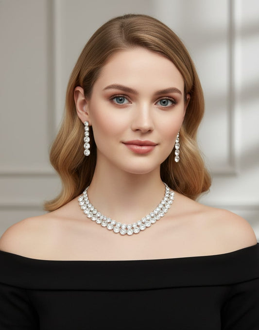 Luxury Silver-Toned Crystal Choker Necklace & Earrings Set