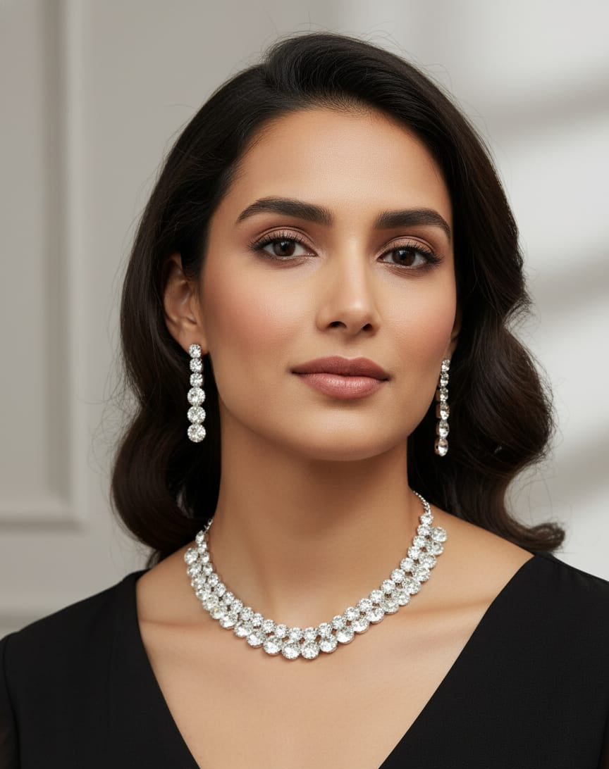 Luxury Silver-Toned Crystal Choker Necklace & Earrings Set