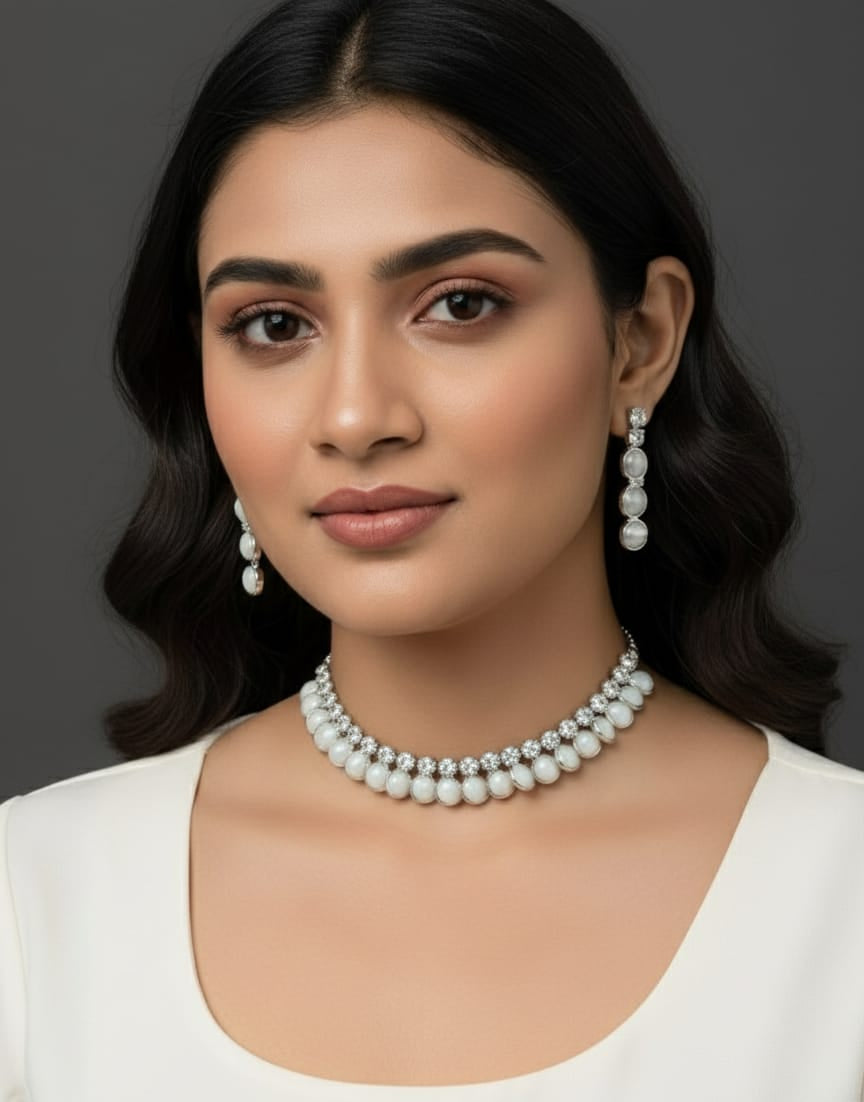 Elegant Silver-Plated Pearl Choker Necklace & Earrings Set