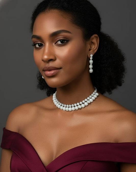 Elegant Silver-Plated Pearl Choker Necklace & Earrings Set