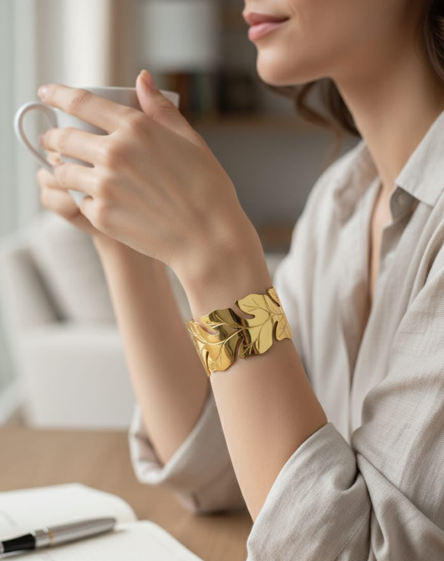 Gold-Plated Adjustable Leaf Cuff Bracelet