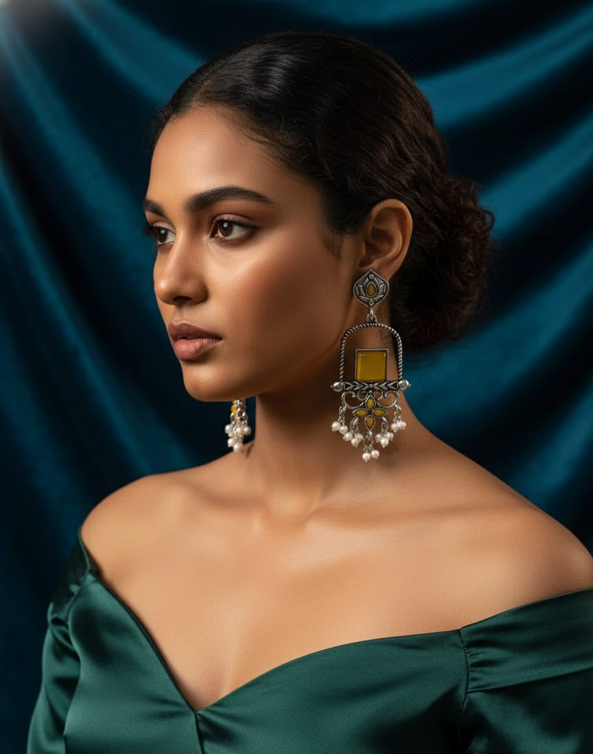 Vintage Silver-Plated Yellow Stone Statement Dangler Earrings