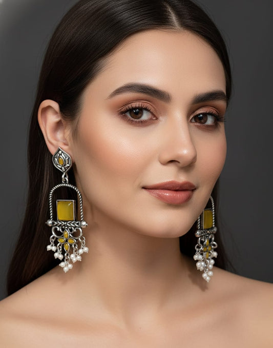 Vintage Silver-Plated Yellow Stone Statement Dangler Earrings