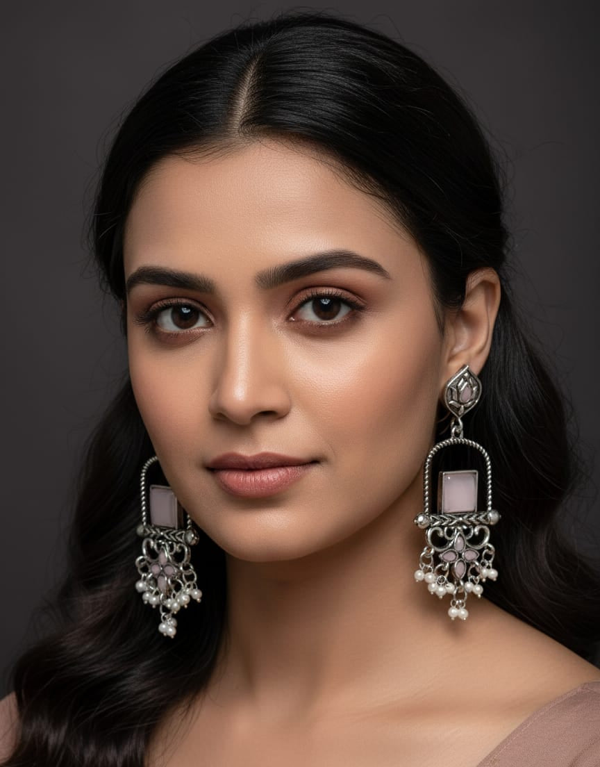 Vintage Silver-Plated Pink Stone Statement Dangler Earrings