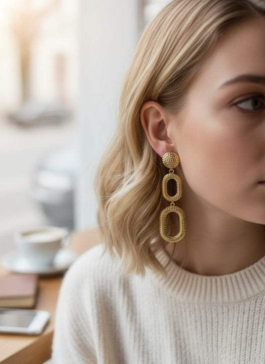 Gold-Toned Anti-Tarnish Triple Linked Oval Statement Earrings