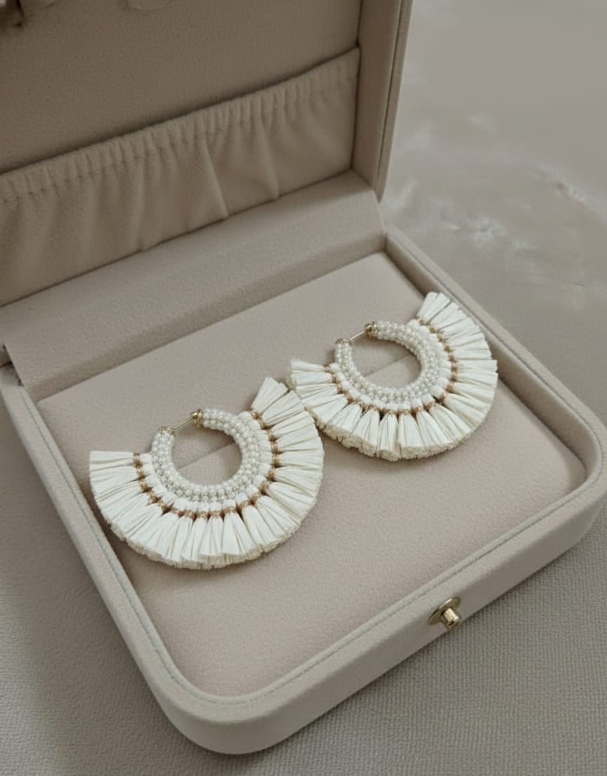 Cream Tassel Beaded Hoop Earrings