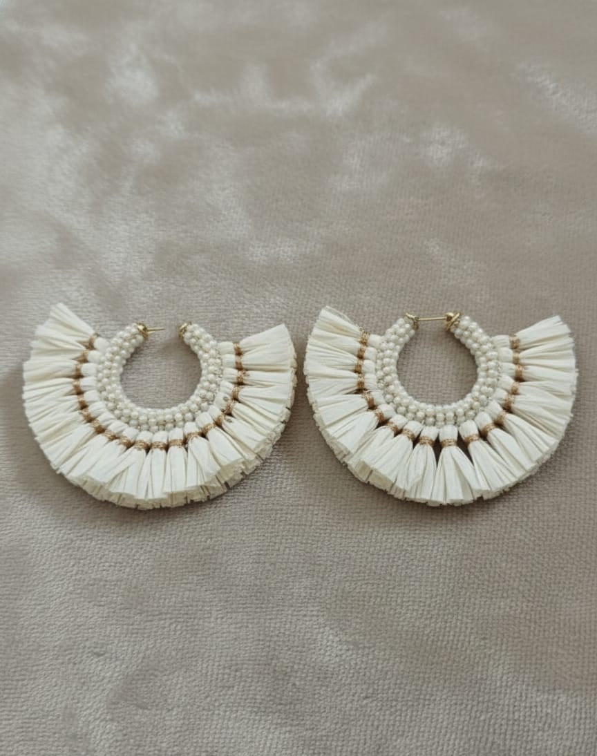 Cream Tassel Beaded Hoop Earrings
