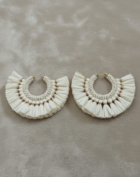 Cream Tassel Beaded Hoop Earrings