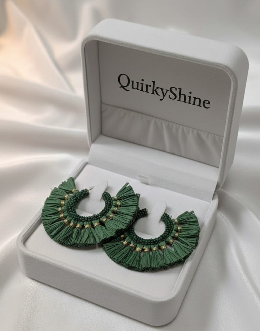 Emerald Green Tassel Beaded Hoop Earrings