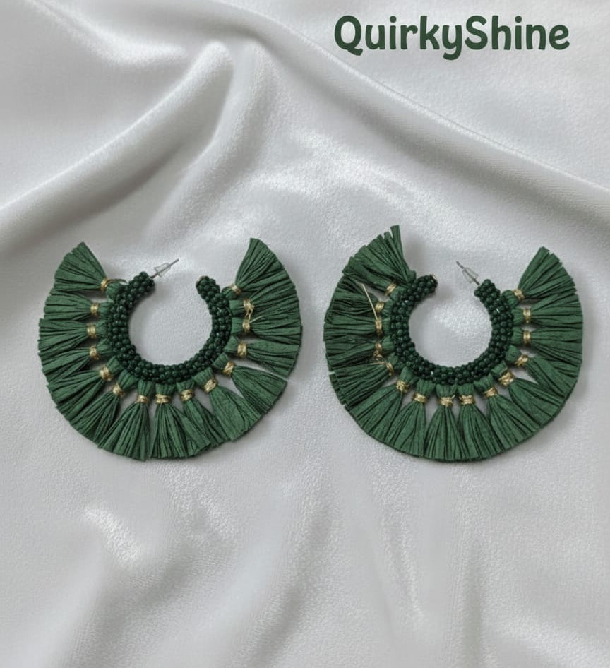 Emerald Green Tassel Beaded Hoop Earrings