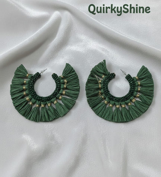 Emerald Green Tassel Beaded Hoop Earrings