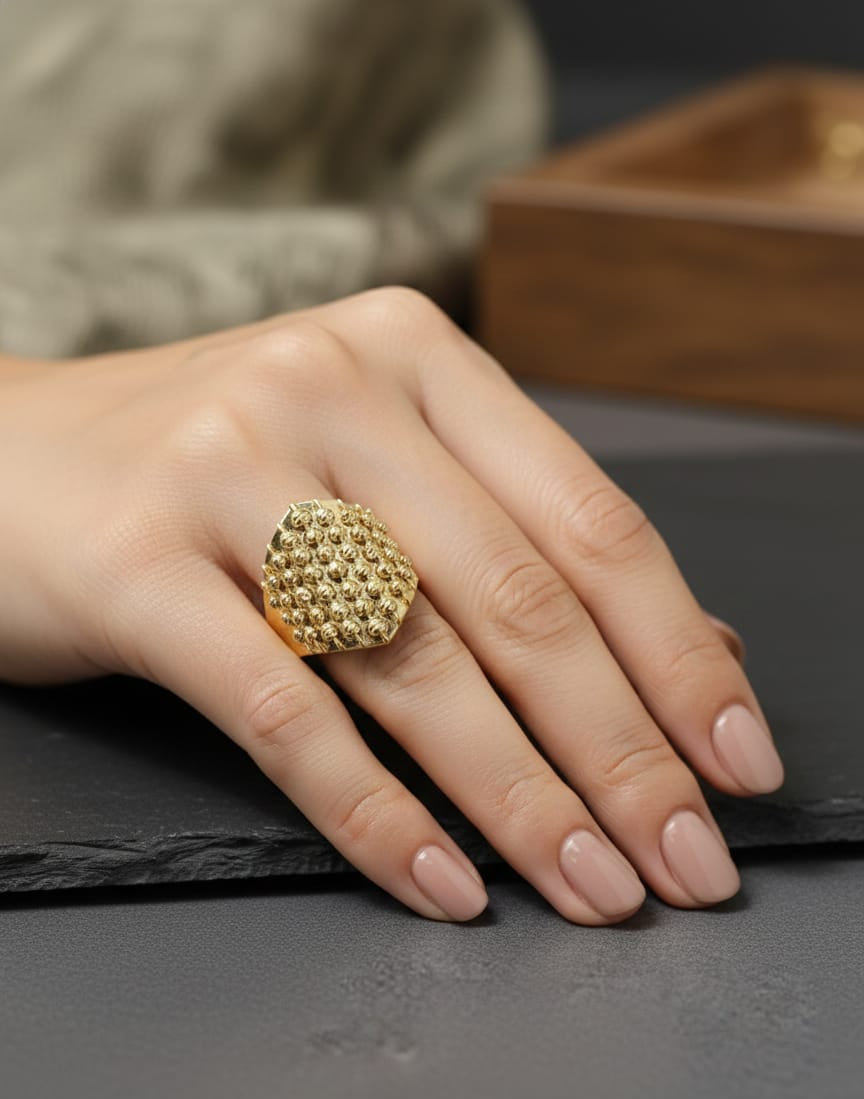 Golden Hex Stud Adjustable Statement Ring
