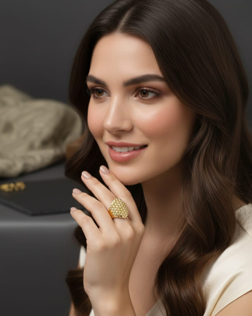 Golden Hex Stud Adjustable Statement Ring