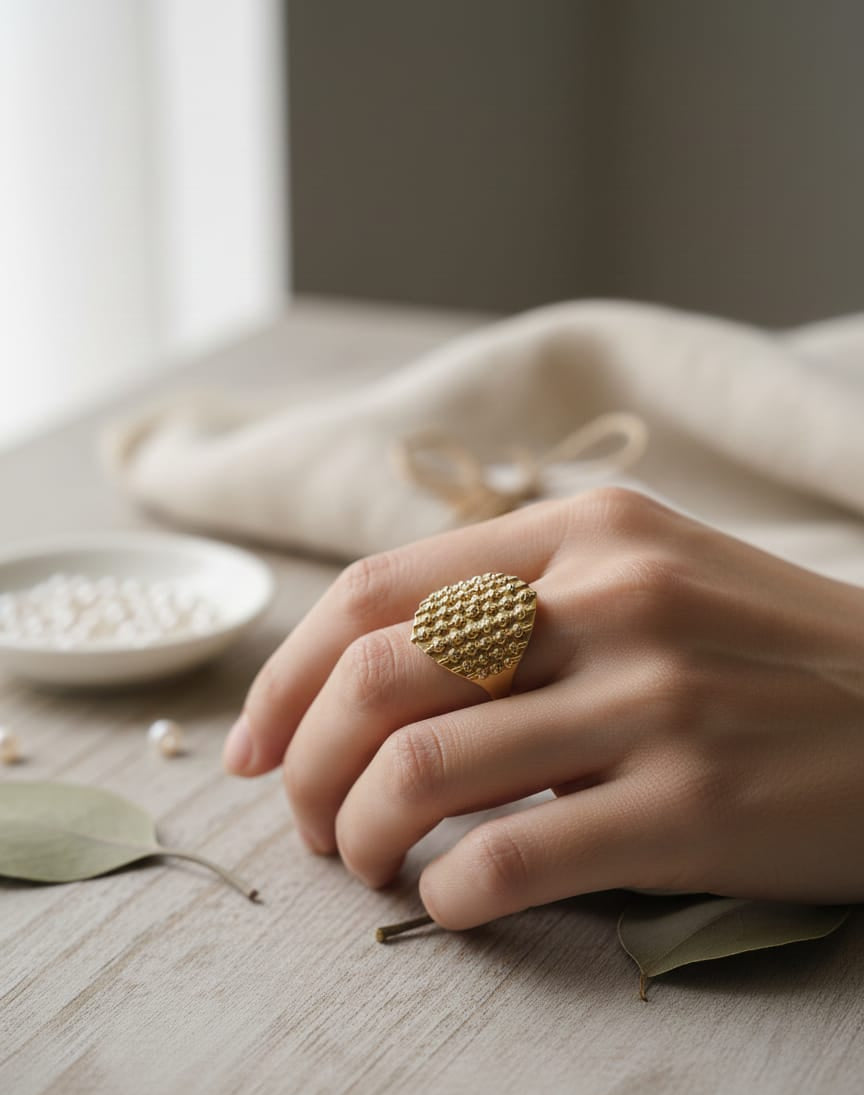 Golden Hex Stud Adjustable Statement Ring