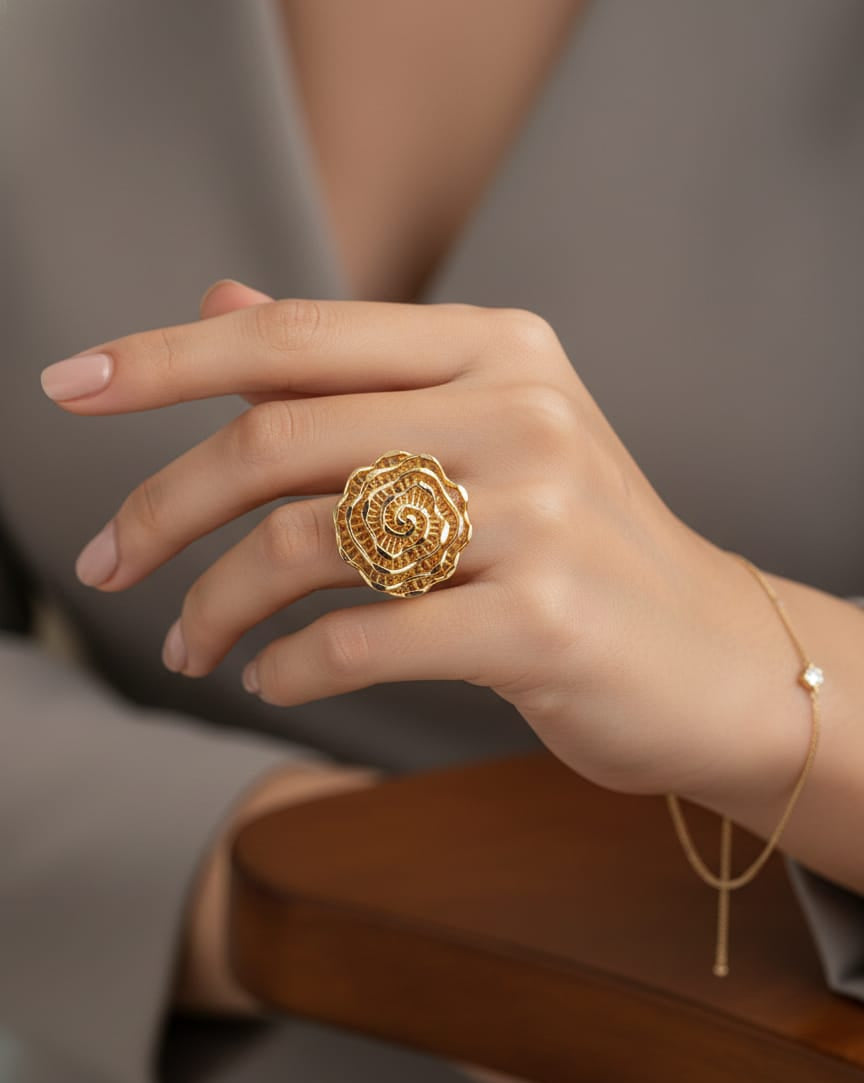 Golden Spiral Bloom Cocktail Ring