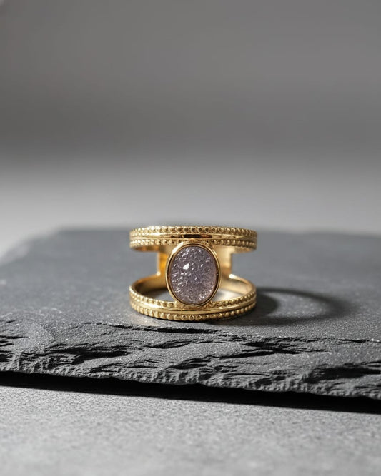 Golden Druzy Oval Adjustable Anti-Tarnish Ring