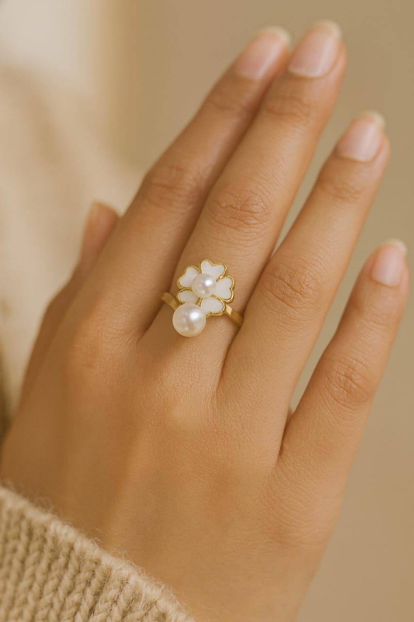 Floral Pearl Adjustable Gold Ring
