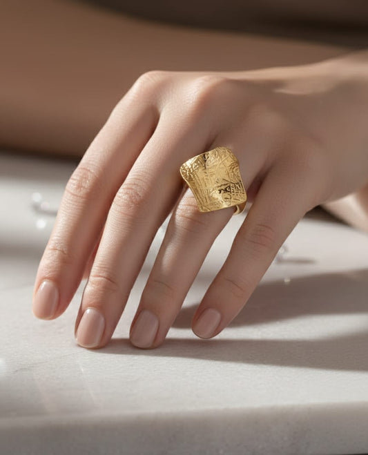 Golden Textured Square Adjustable Anti-Tarnish Ring