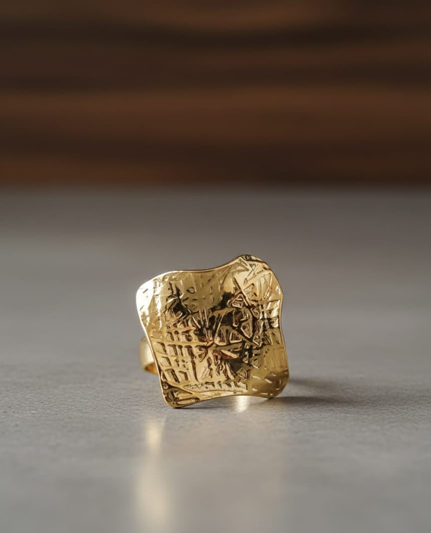 Golden Textured Square Adjustable Anti-Tarnish Ring