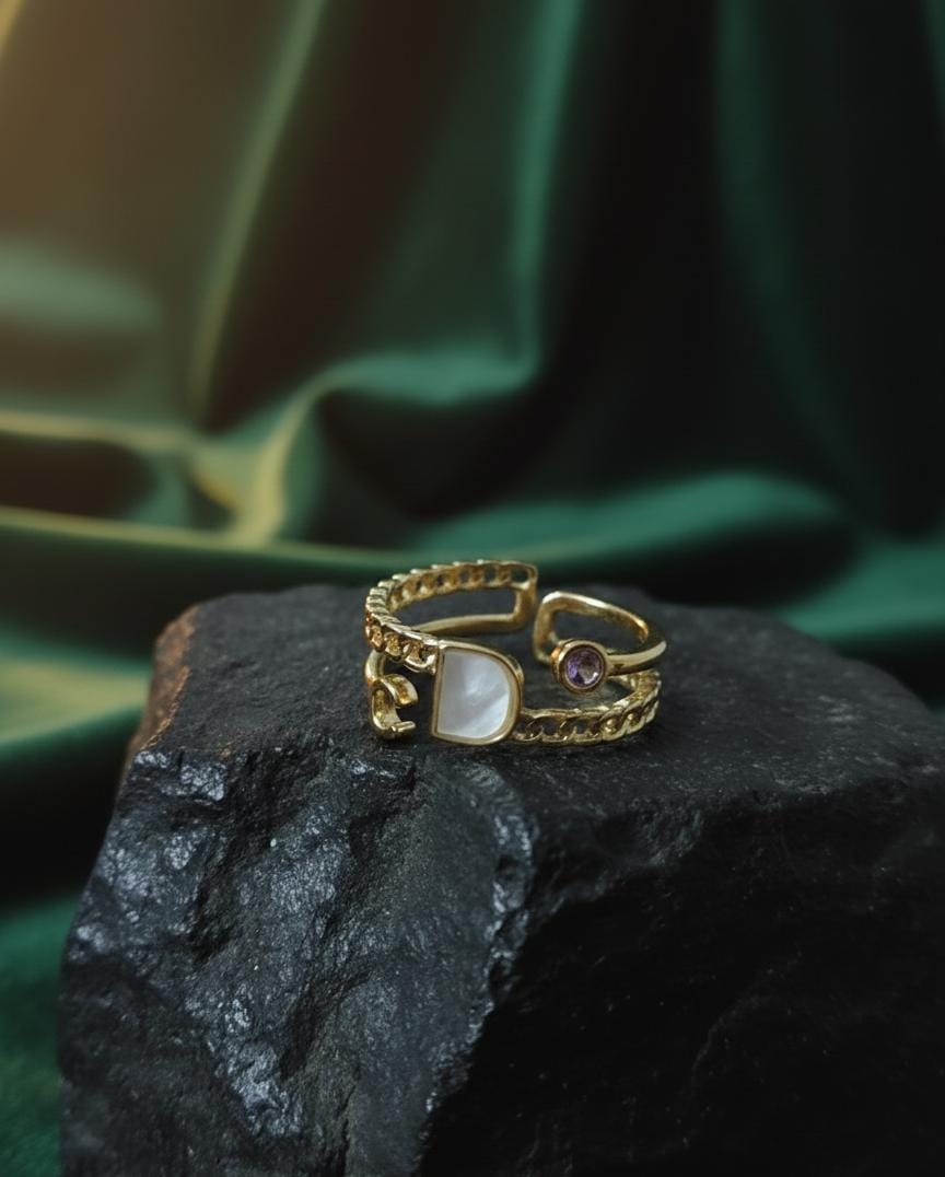 Dual Stone Chain Adjustable Gold Ring