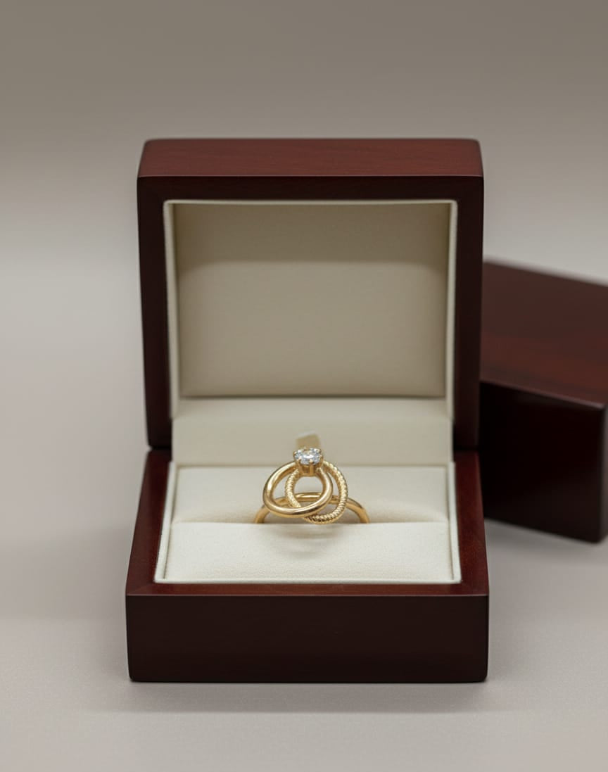 Interlocking Circle Adjustable Anti-Tarnish Gold Ring with Solitaire Stone