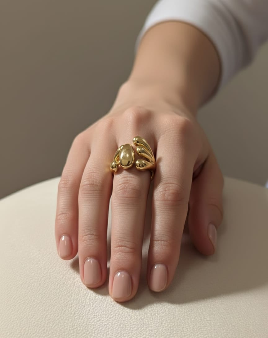 Sculpted Dual Bead Adjustable Anti-Tarnish Gold Ring