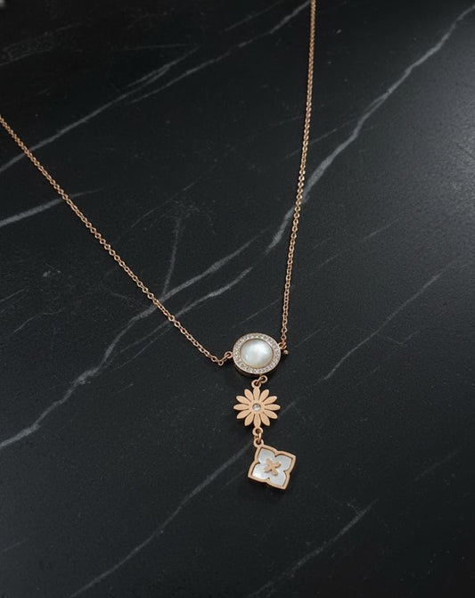 Golden Floral Pearl Charm Anti-Tarnish Necklace