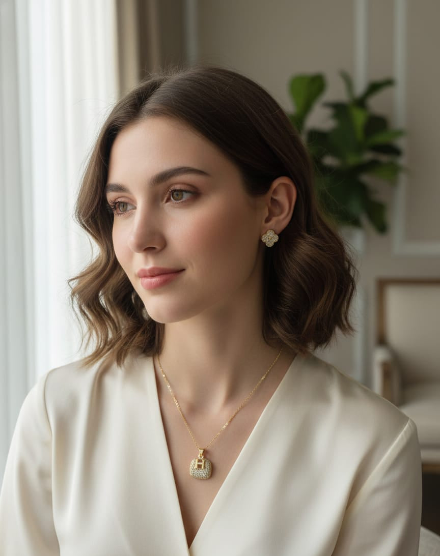 Golden Lock Crystal Anti-Tarnish Necklace & Earrings Combo