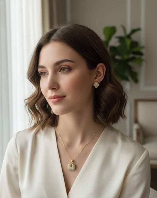 Golden Lock Crystal Anti-Tarnish Necklace & Earrings Combo