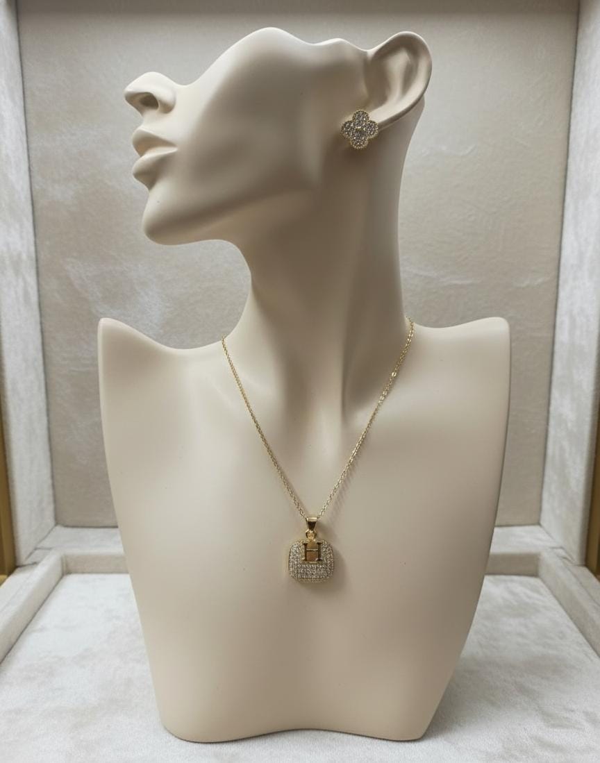 Golden Lock Crystal Anti-Tarnish Necklace & Earrings Combo