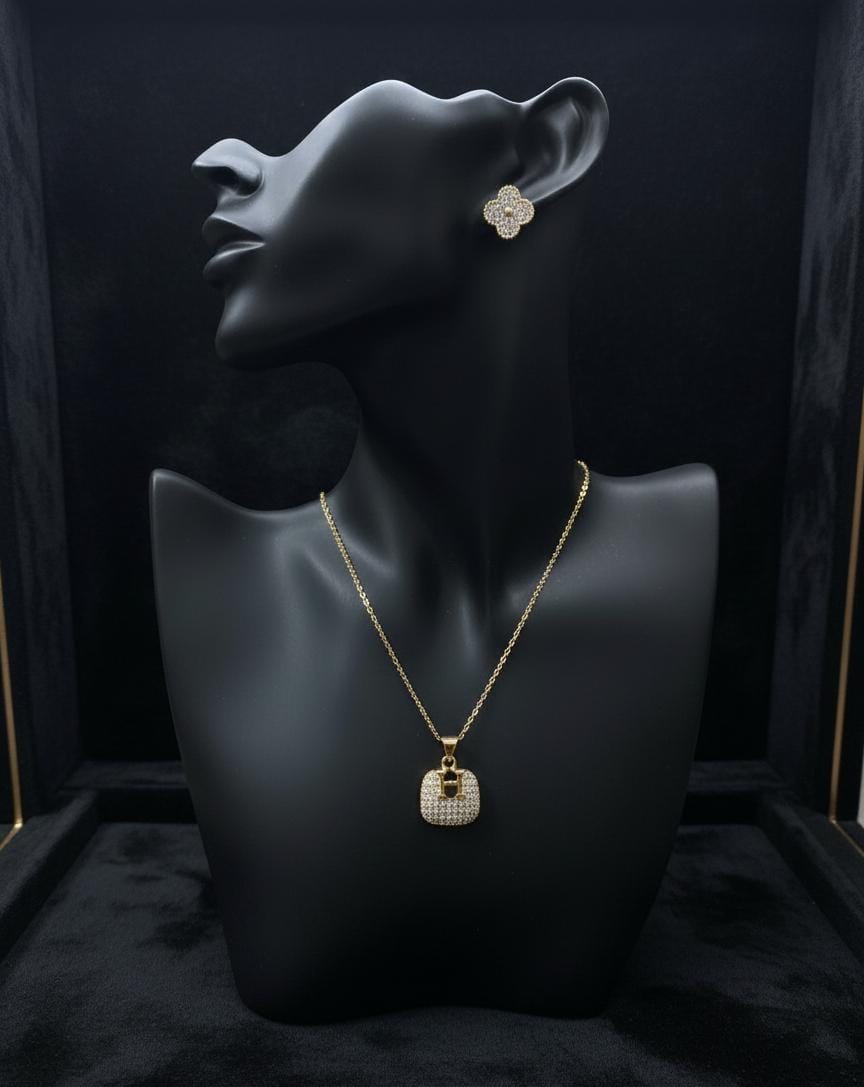 Golden Lock Crystal Anti-Tarnish Necklace & Earrings Combo