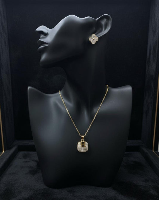 Golden Lock Crystal Anti-Tarnish Necklace & Earrings Combo