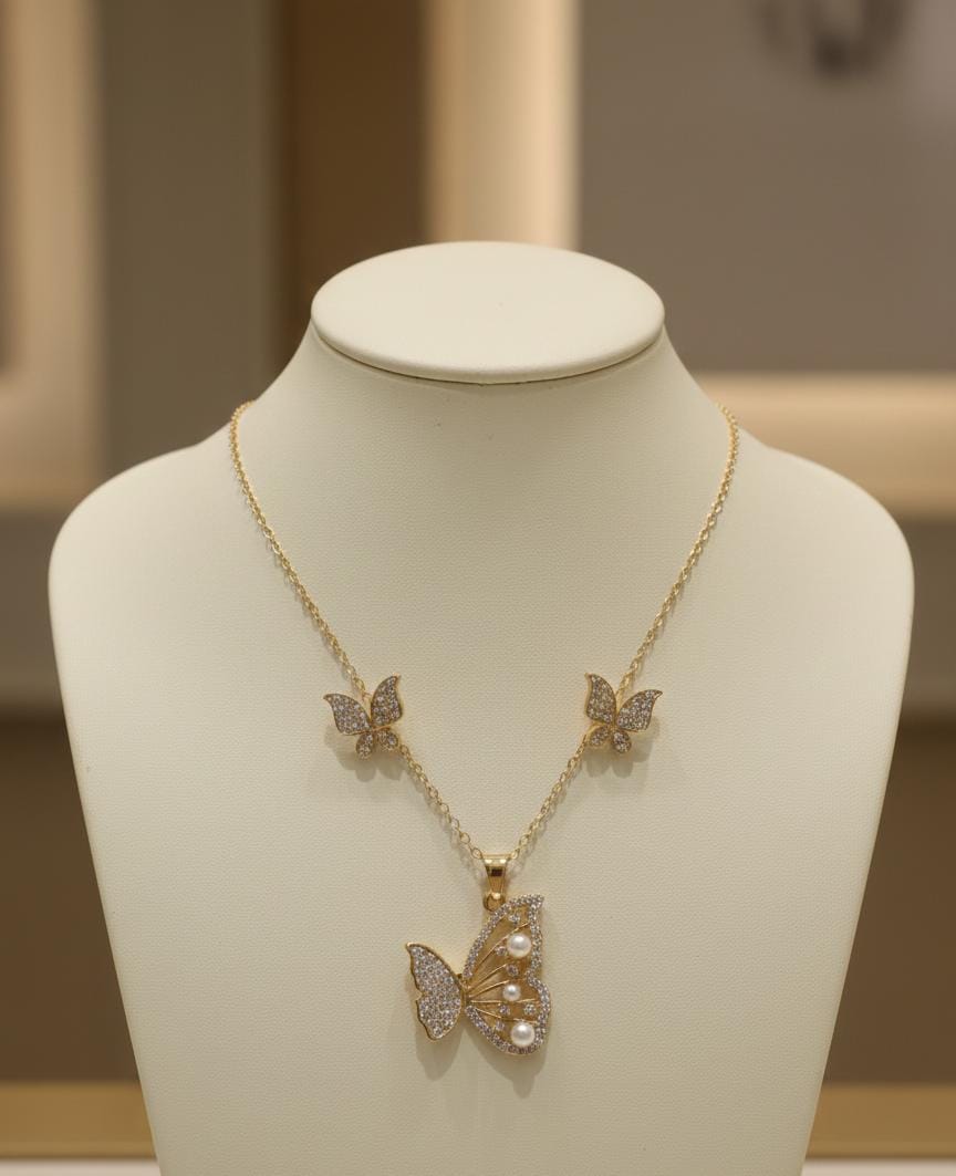 Golden Butterfly Pearl Anti-Tarnish Necklace & Earrings Combo